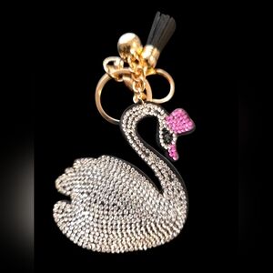 Swan Rhinestone Bag Charm Keychain with Pink Bow